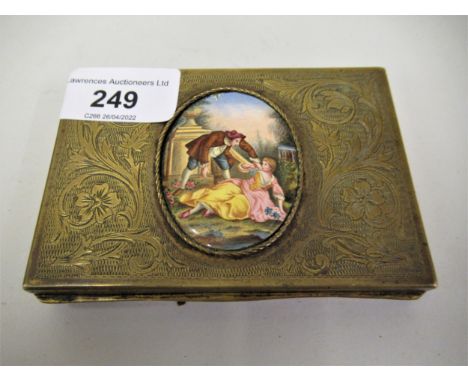 Continental brass rectangular floral engraved and enamel mounted box, decorated with a gentleman and a lady in a garden scene
