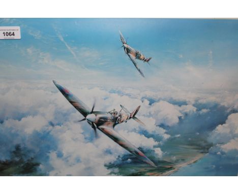 Robert Taylor, colour print ' Spitfire ', signed by Douglas Bader and Johnnie Johnson, 12.75ins x 18.25ins, gilt framed 