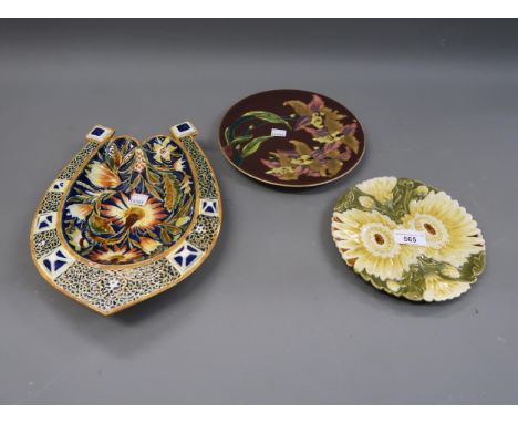 Group of three Zsolnay plates, including a floral decorated horseshoe shaped dish and two floral decorated dishesHorseshoe di