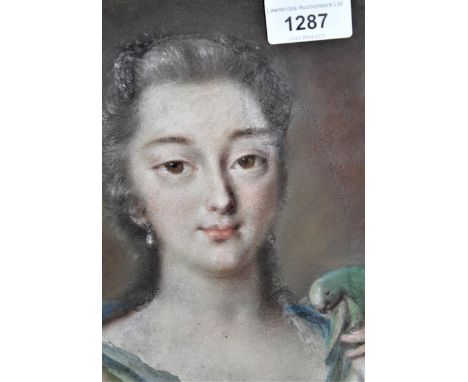 18th Century pastel drawing, portrait of a young lady with green parrot9ins x 7ins18th CenturyPaper undulating under glass, o