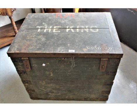 19th Century stained pine trunk inscribed to the top ' RM The King Saddlery ', labelled to the interior ' Whippy Steggall & C