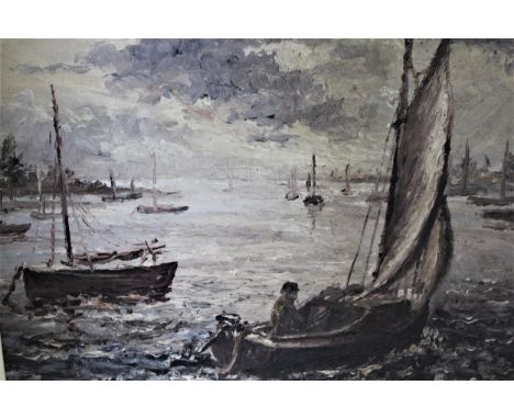 Mid 20th Century oil on canvas board, sailing boats in a coastal inlet, bearing label verso ' Emsworth, Ronald Ossory Dunlop 