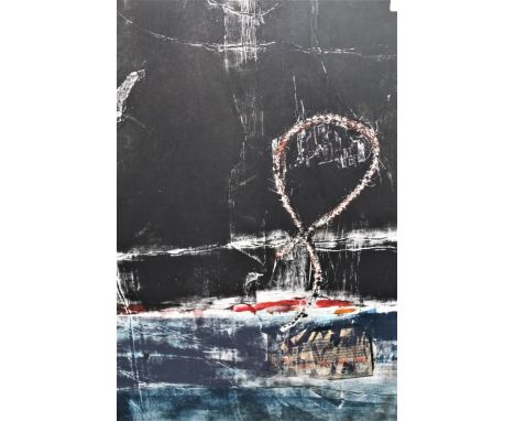 Large framed coloured print, abstract composition, indistinctly signed, together with a signed Limited Edition coloured hunti