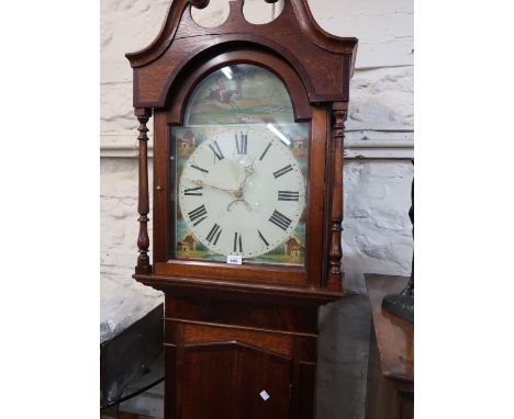 19th Century oak and mahogany crossbanded longcase clock, the broken arch hood with flanking pilasters above an arched door a