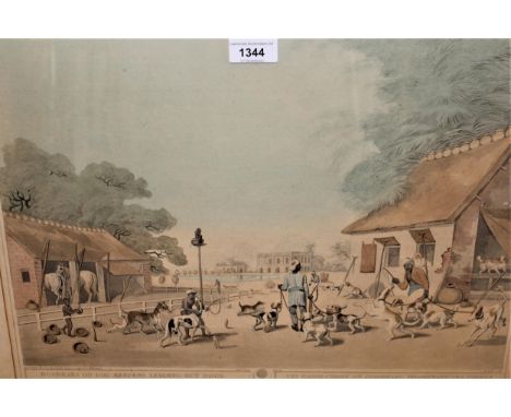 Coloured lithograph, dooreahs or dog keepers leading out dogs, 12ins x 17.5ins, gilt framed 