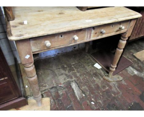 19th Century stripped pine two drawer side table, together with a similar pine washstand with inset pottery basin 