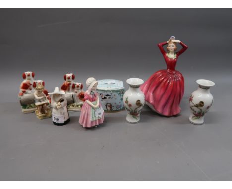 Royal Worcester (black mark) candle snuffer in the form of a nun, two Royal Doulton figures, pair of small Staffordshire flat