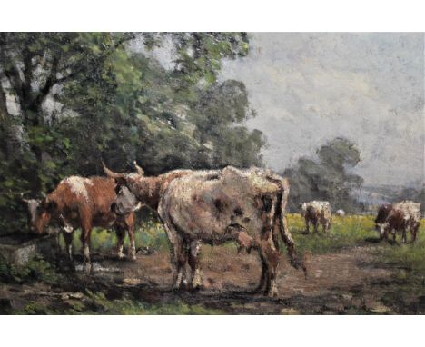 Oil on canvas, cattle watering at a trough, 15ins x 23ins, gilt framed 