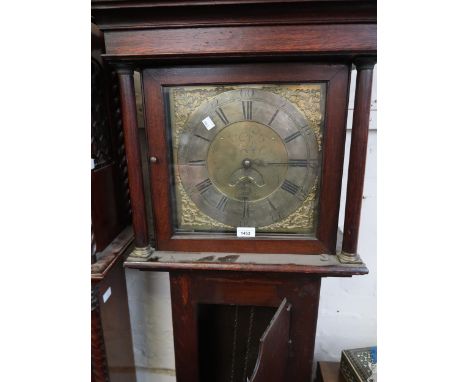 George III oak longcase clock, the square hood with flanking pilasters above a shaped panel door and conforming plinth base, 