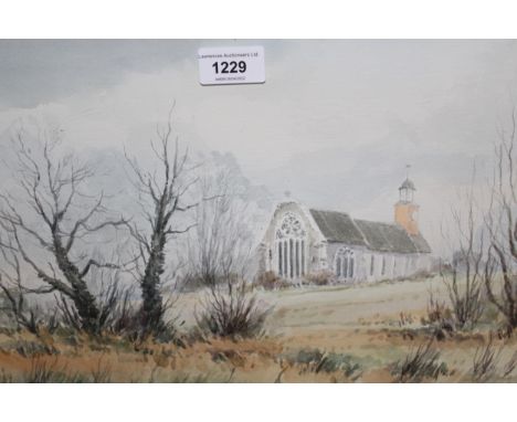 E. Grieg, watercolour, church in a landscape together with two other watercolours, gilt framed, three framed engravings and a