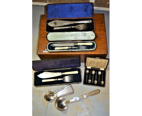 Silver plated Christofle ladle, and set of six matching spoons, three case sets of silver plated servers, set of plated coffe