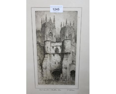 F. Robson, pair of black and white etchings, York Minster, and Bow Church, and a coloured print by the same artist ' A Peep a
