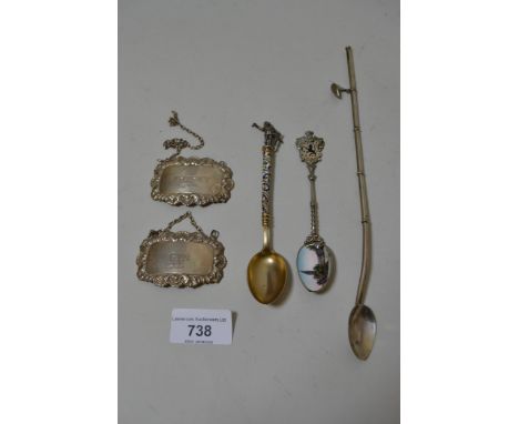 Continental silver gilt and enamel spoon, the finial in the form of a man with crossbow, a white metal German spoon with enam