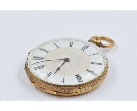 18ct Yellow gold open faced fob watch, the case with engraved decoration and enamel dial with Roman numerals 