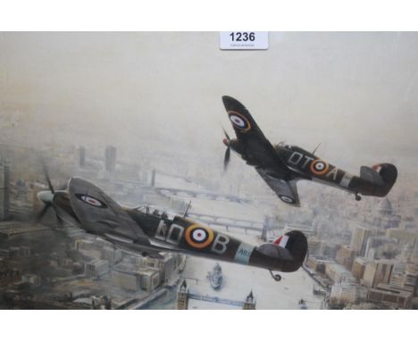 Robert Taylor, signed coloured print ' Victory Salute ', signed by Bob Stanford Tuck and another 