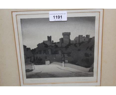 Eric Slater, woodblock print of Arundel castle, signed, framed, 6ins x 6.5insPaper discoloured from age but otherwise in good