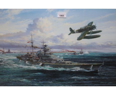 Simon Atack, signed Limited Edition colour print ' Battleship Bismarck ', No. 129 of 500, also signed by members of the ship'