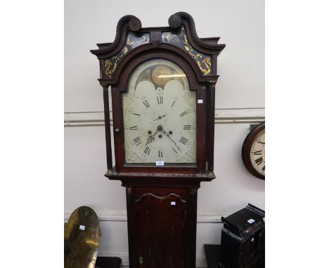 George III oak and mahogany crossbanded longcase clock, the broken arch hood with flanking pilasters above a shaped panel doo