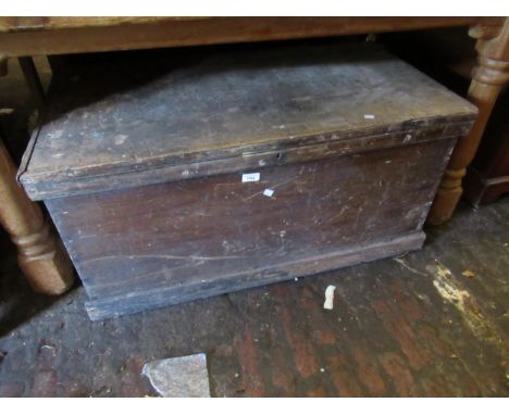 19th Century stained pine tall trunk, having hinged cover (at fault)19ins high x 40ins wide x 22ins deep 