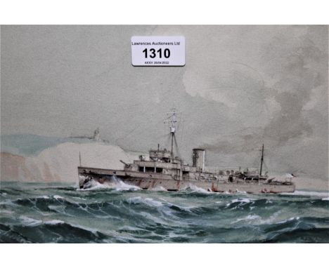 Gordon Ellis, watercolour, portrait of a Naval vessel off a coastline, signed and dated 1942, 8ins x 12ins approximately, tog