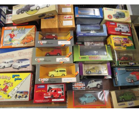 Box containing a collection of Limited Edition Corgi diecast model vehicles of Morris Minor advertising vans and cars, includ