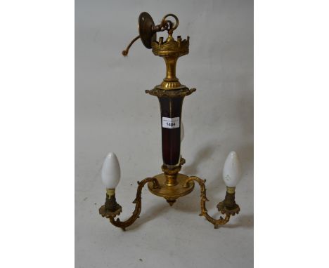 Late 19th / early 20th Century gilt brass and Bohemian red glass three light electrolier, 16ins high 
