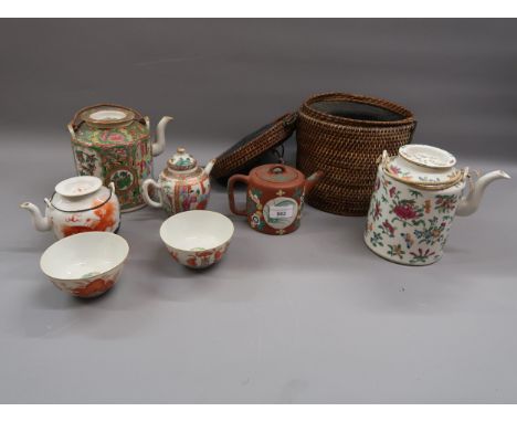 19th Century Canton enamel teapot having enamel decoration with birds, flowers and panels of figures, another teapot with flo