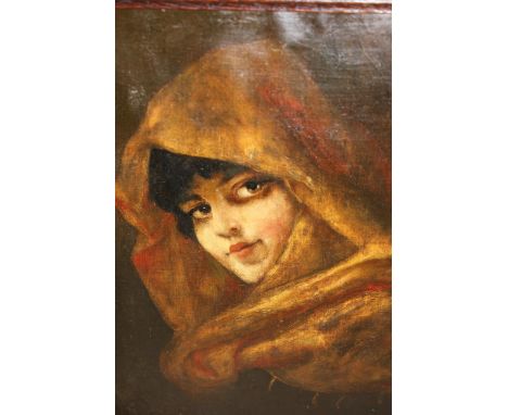 19th Century oil on canvas loosely laid on card, head and shoulder portrait of a young lady with white headscarf, 16ins x 12i