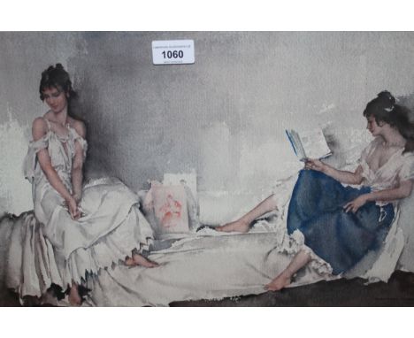 Sir William Russell Flint, signed coloured print ' Interlude ', 11.75ins x 21.5ins, framed together with another, ' The Showe