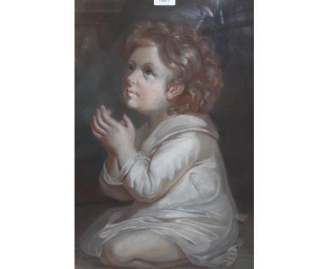 19th Century French pastel portrait of a kneeling child in a white gown, 25ins x 20.5ins , gilt framed, unsigned 