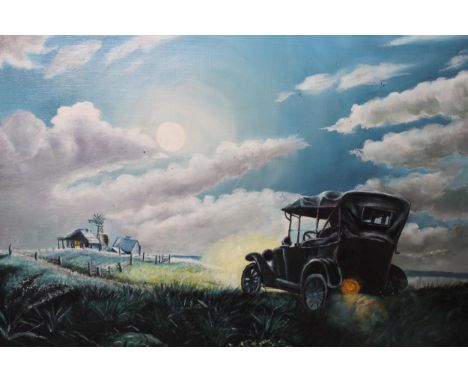 Two unframed American School oils on canvas, vintage car approaching a shack, signed J. Cantrell, and shack in a landscape, s