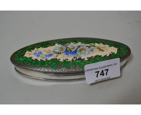 Oval Birmingham silver trinket box, the hinged cover with floral enamel decoration, 5ins wideScratches to the enamel, some mi