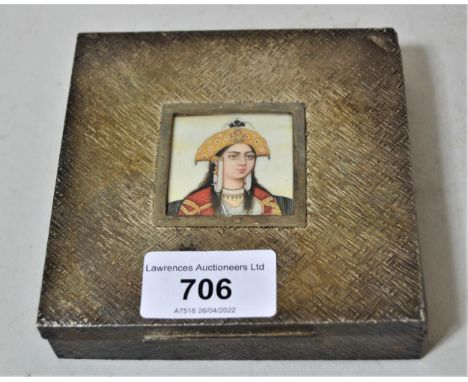 Square silver box containing a head and should portrait miniature of a female wearing a headressLarge dent to silver on the l