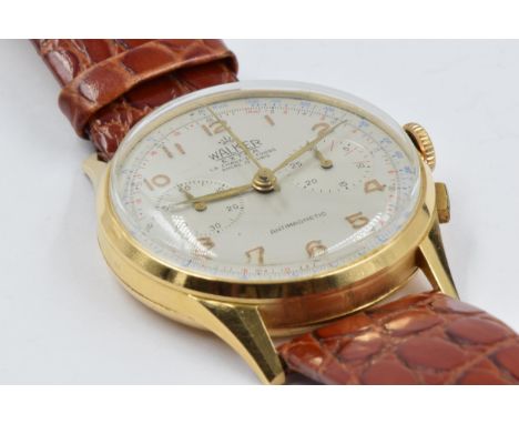 Gentleman's 18ct gold cased chronograph wristwatch, ' Walker Extra ', the silvered dial with Arabic numerals and two subsidia