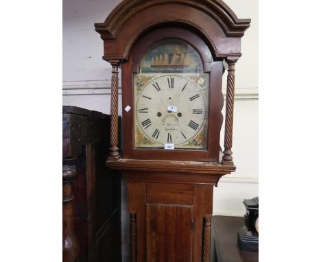 19th Century mahogany longcase clock, the broken arch hood and rectangular panel door with flanking fluted pilasters, the pai