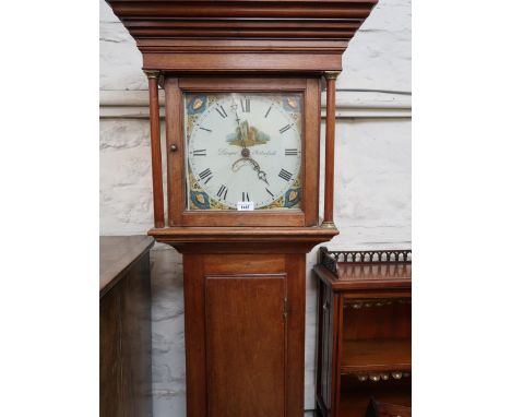 Mahogany longcase clock, the square hood with flanking pilasters above a rectangular door, the painted dial with Roman numera