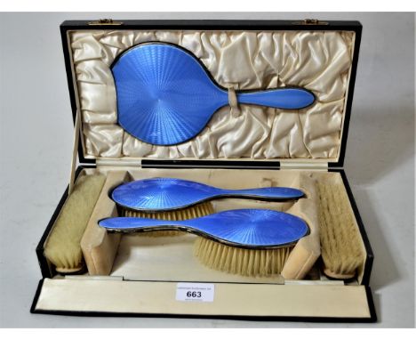 Cased Birmingham silver and blue translucent enamel five piece dressing table set in original fitted case 