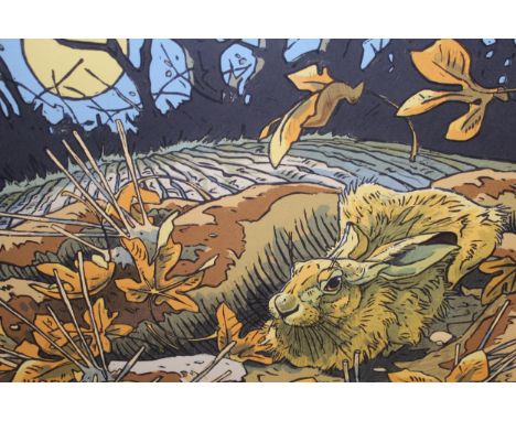 Limited Edition woodblock print, hare in a landscape, No. 97 of 125, by Andrew Haslen, signed in pencil by the artist 