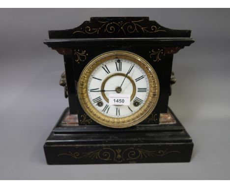 19th Century American black japanned and painted metal mantel clock, the enamel dial with Roman numerals and two train moveme