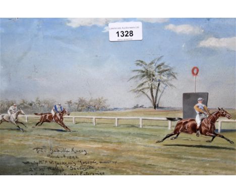 19th Century watercolour, the Badulla Races, March 11th 1892, with inscription for the first three horses (Badulla, Sri Lanka