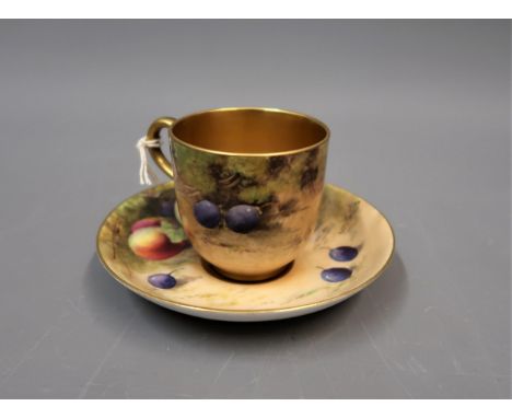 W.H. Austin for Royal Worcester, fruit decorated cabinet cup and saucerSome minor loss to decoration as shown in photos, some