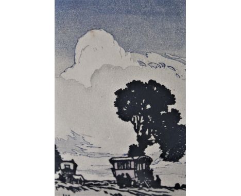 Hesketh Hubbard signed linocut print, gypsy caravans in a landscape, 11.5ins x 8.25ins including full margins 