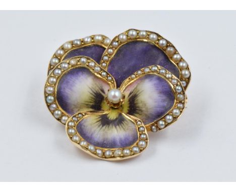Good quality gold brooch in the form of pansies with enamel and seed pearl decorationIn very good condition with no damage or