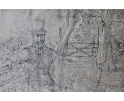 Unframed pencil heightened with white, portrait of a gentleman seated in a landscape (Charles Reynolds), monogrammed, 14ins x