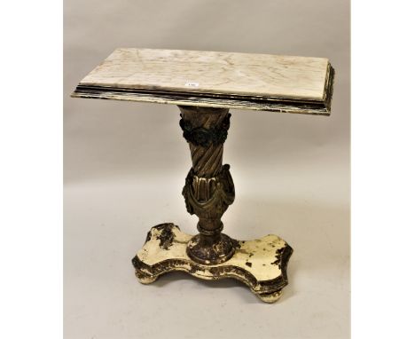 20th Century Continental gilded and painted pedestal console table, the marble inset top (at fault) above a swag and floral d