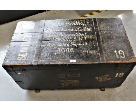 19th Century rectangular stained pine metal mounted trunk, inscribed to the top ' John Bentley, London, SW1 ', 38ins x 20ins 