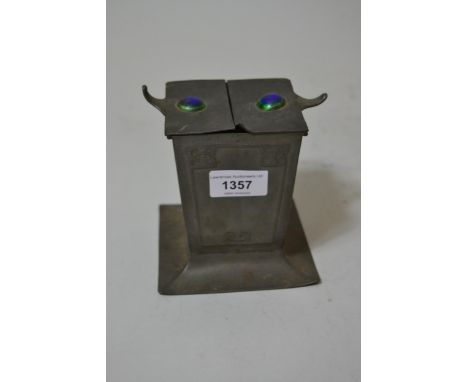 Unusual Art Nouveau pewter box of square tapering form with enamel decorated two part lid, 5.25ins highLid as shown in photog