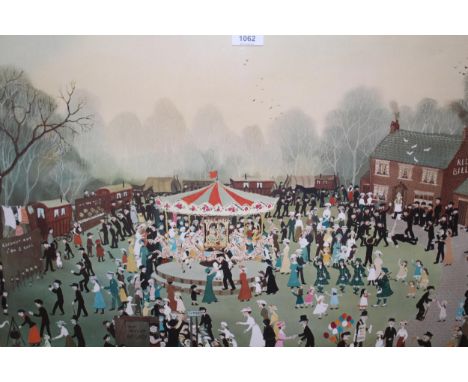 Helen Bradley, signed colour print ' The Fair at Daisy Nook ', 20ins x 30ins approximately, gilt framed 
