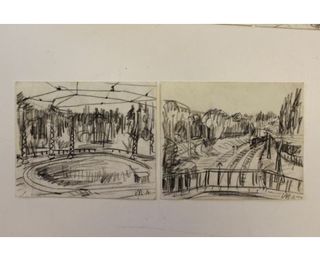 Michael Andrews, a charcoal sketch on paper, bridge over a railway line, signed with initials M.A., 5.75ins x 4.75ins, unfram