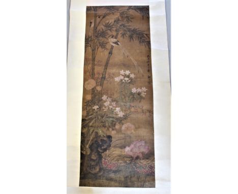 19th Century Chinese scroll picture, birds in a landscape, signed with character marks (with damages) 